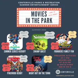 Movies in the park to air on June 5, June 12, July 3, July 31, & August 14 2026